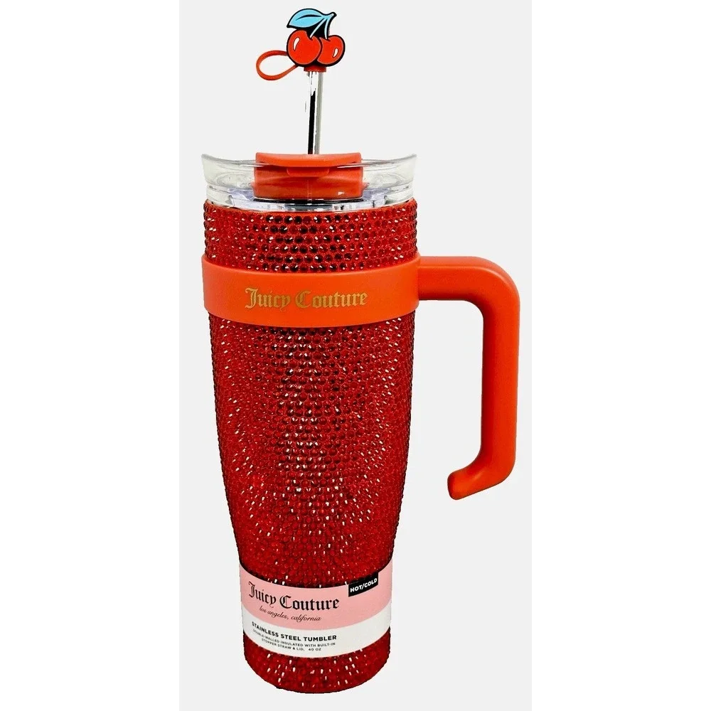 Juicy Couture Red Rhinestone Tumbler 40 oz Cherry Straw Handle Cup